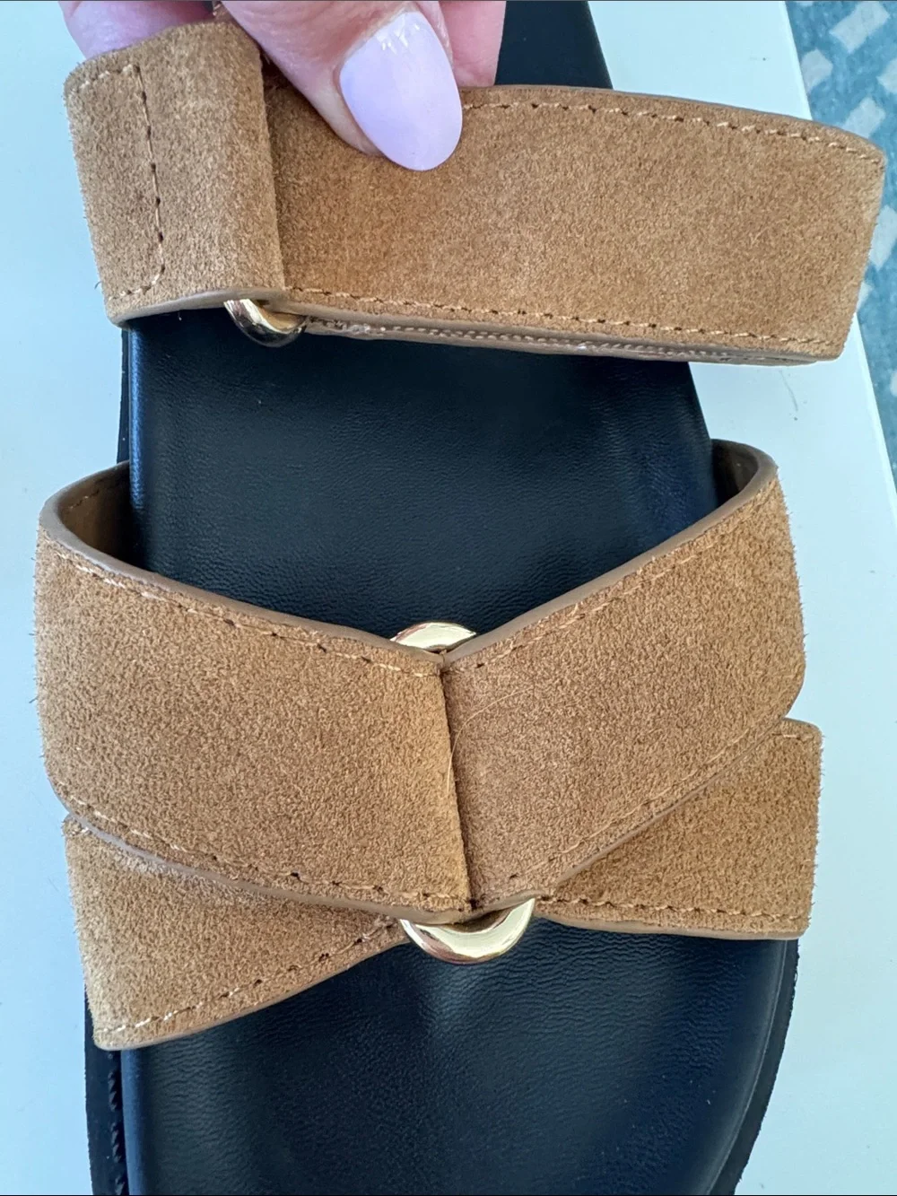 Zara Tan Suede Double-Strap Slide Sandals with Gold Accent-size 39 - Picture 8 of 9